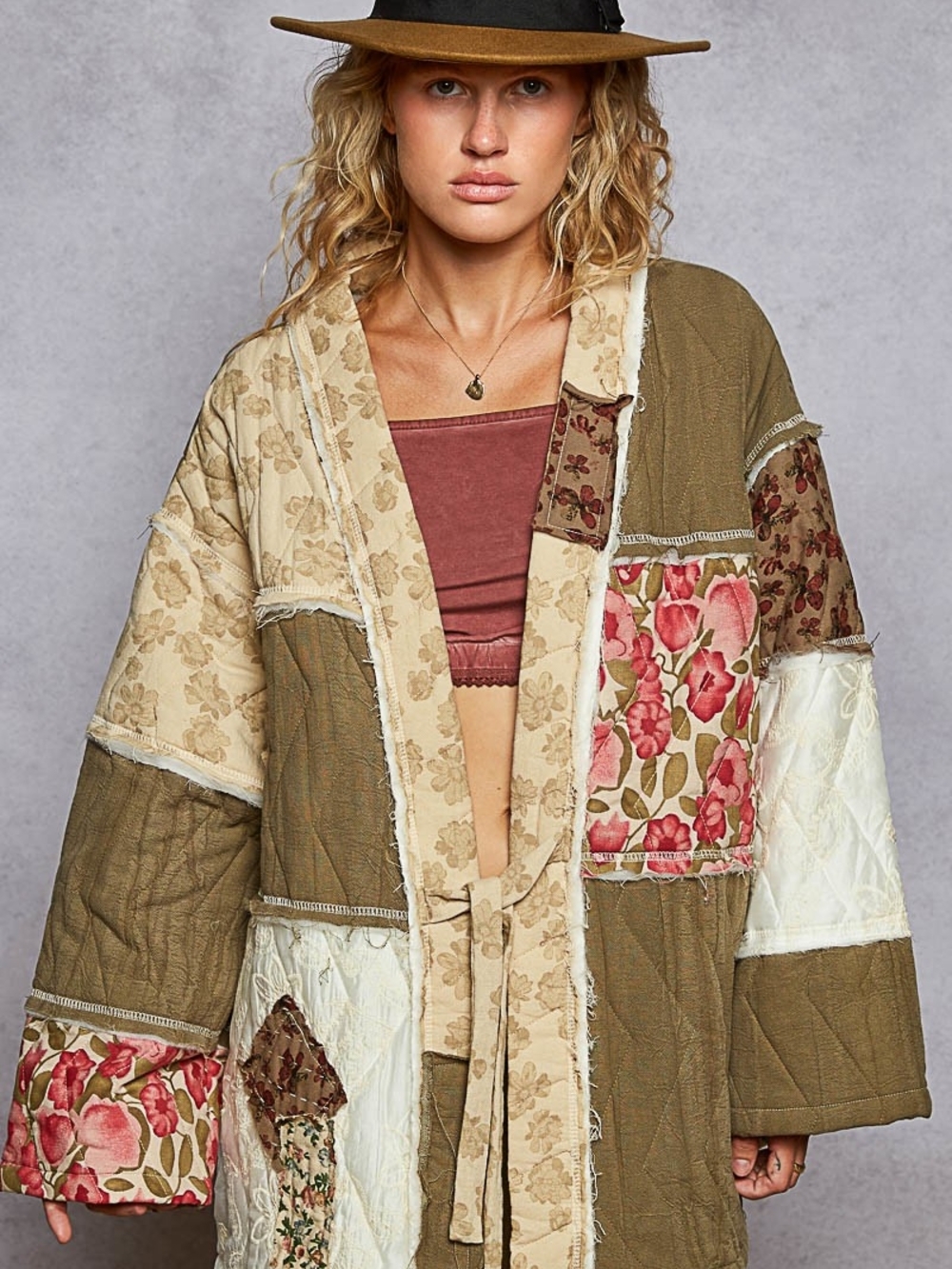 1-1003 POL Patchwork Floral Kimono Jacket in Olive & Cream